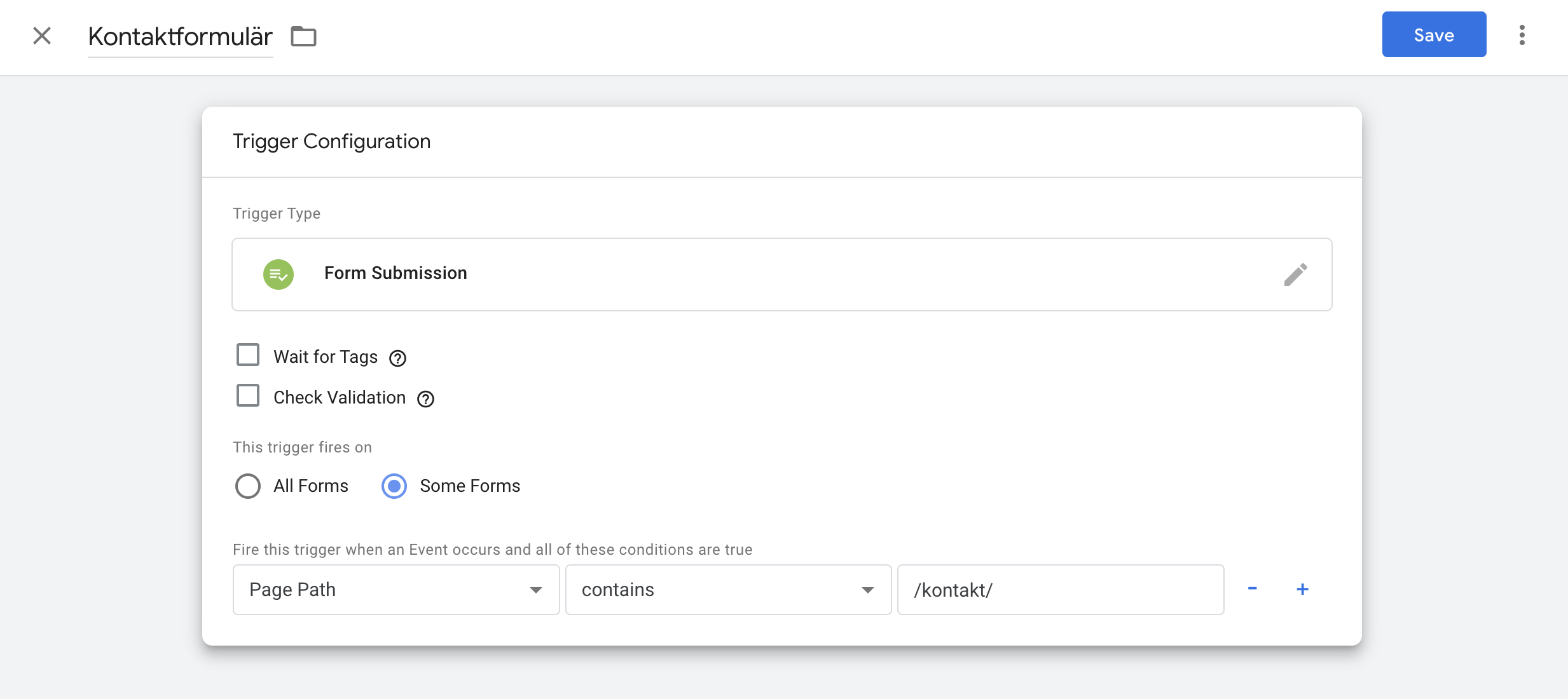 Google Tag Manager - Events formulär inställningar