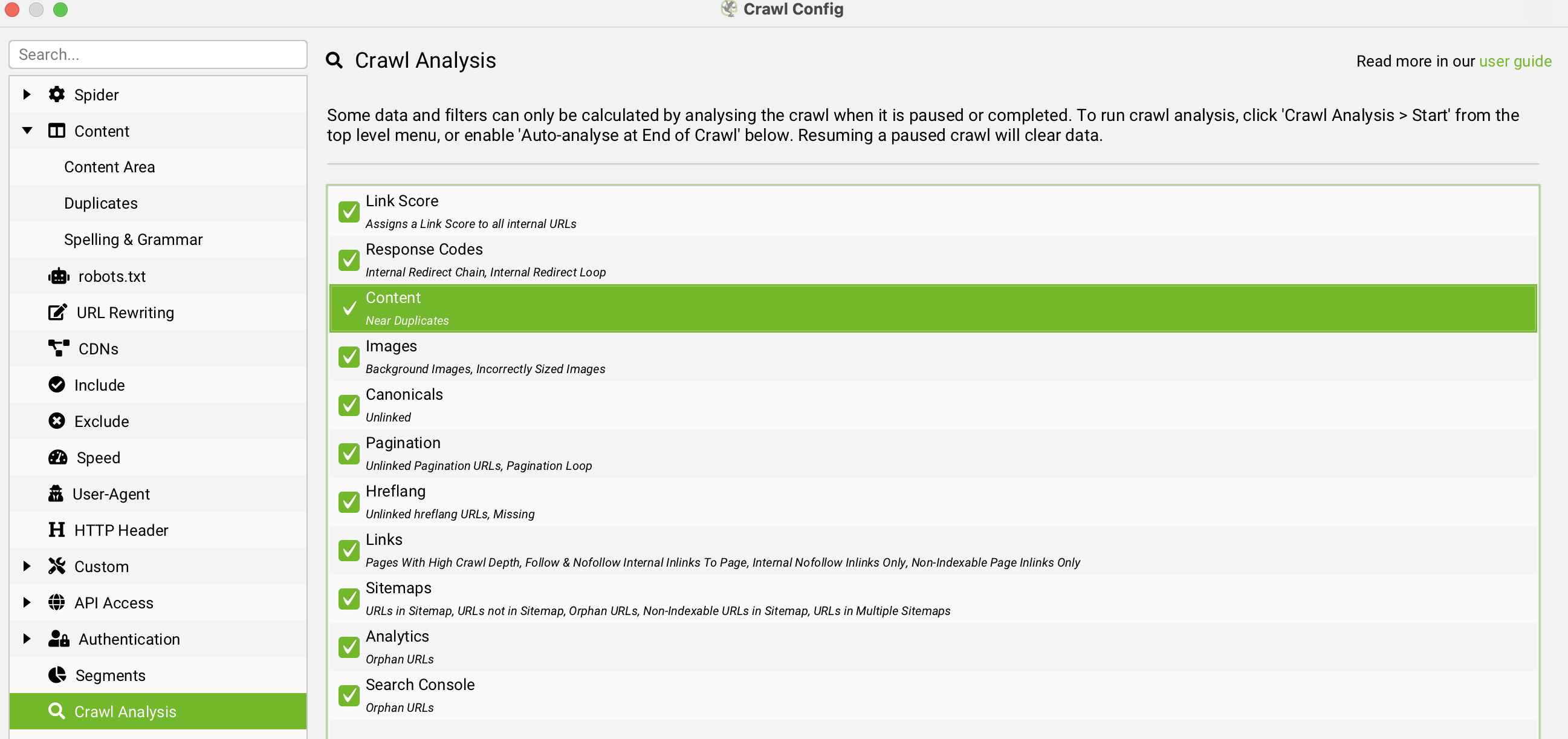 Screaming Frog Crawl Analysis settings with Content: Near Duplicates selected