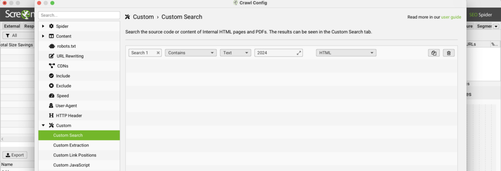 Screaming Frog Custom Search configuration set to find pages whose text contains 2024