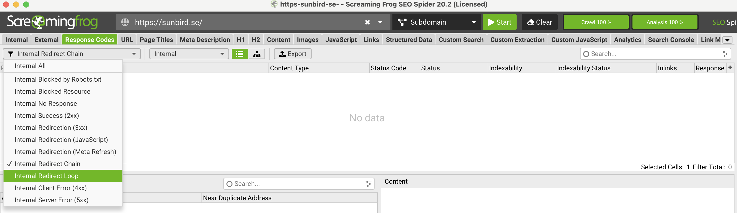 Screaming Frog Response Codes tab with the filter menu open on Internal Redirect Chain and Internal Redirect Loop