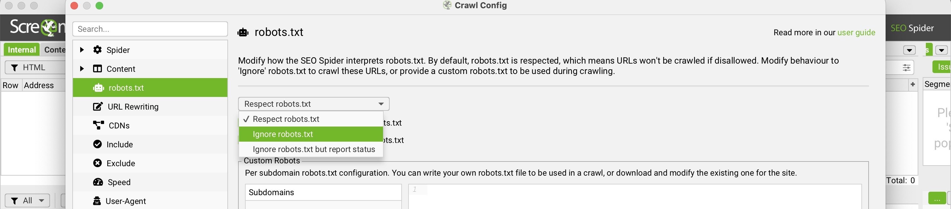 Screaming Frog robots.txt settings with the Ignore robots.txt option selected