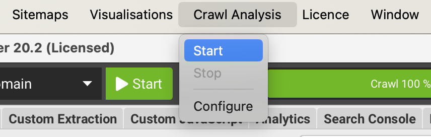 The Crawl Analysis menu in Screaming Frog with Start highlighted