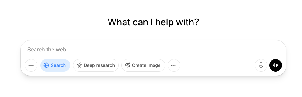 ChatGPT's message box with the Search tool switched on, ready to search the web