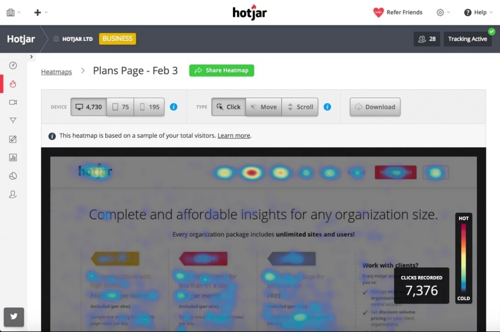 Click heatmap in Hotjar, now part of Contentsquare, showing where visitors clicked on a pricing page
