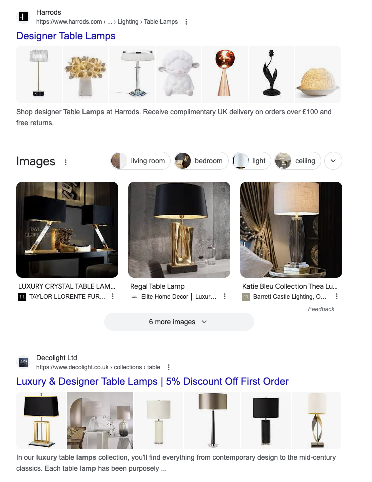 UK Google results for designer table lamps: product image rows under each listing and an Images block between them