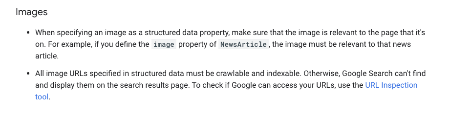 Google's structured data guidelines for images: the image must be relevant to the page and its URL crawlable and indexable