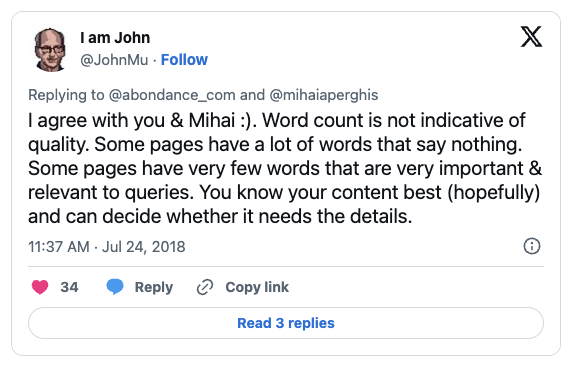 Tweet from Google's John Mueller, 24 July 2018: word count is not indicative of quality