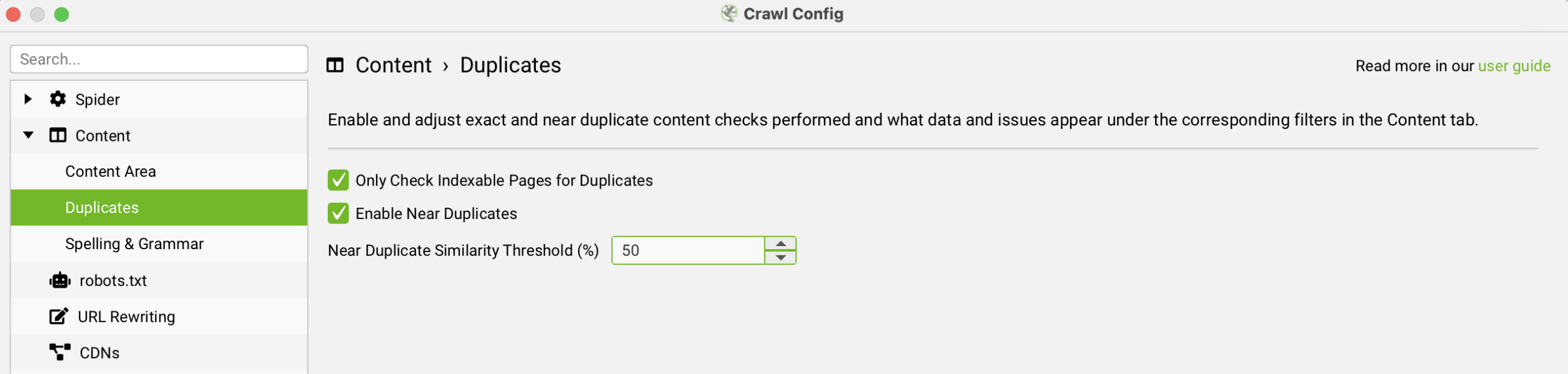 Screaming Frog Crawl Config, Content > Duplicates, with Enable Near Duplicates ticked and the similarity threshold set to 50%