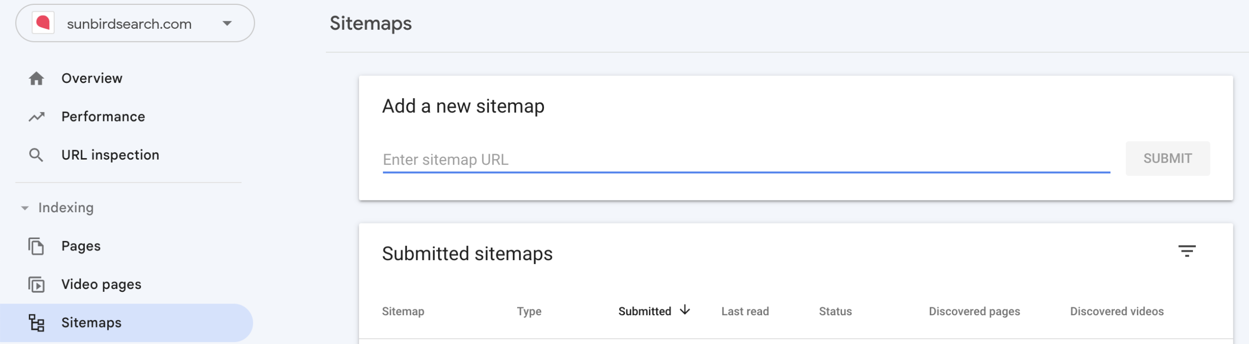 The Sitemaps report in Google Search Console, with a field for adding a new sitemap and a list of submitted sitemaps
