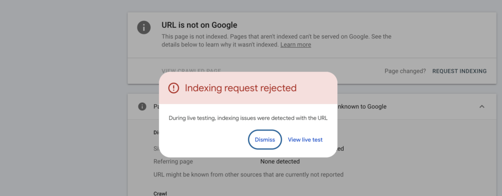 URL Inspection in Google Search Console showing URL is not on Google and an Indexing request rejected message