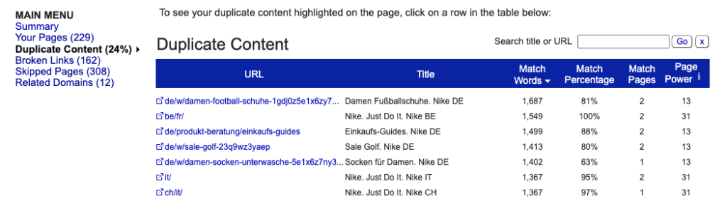 Siteliner's Duplicate Content report listing URLs with their matching words and match percentage