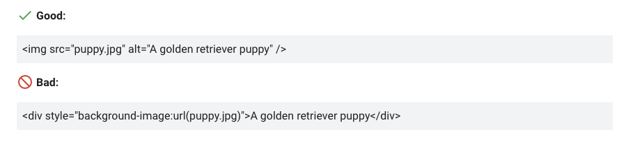Google's example: a good img element with alt text versus a bad CSS background image in a div